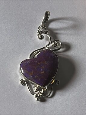 Lg Sterling Silver Heart Pendant Purple Stone 925 Silver Large Pendant Necklace